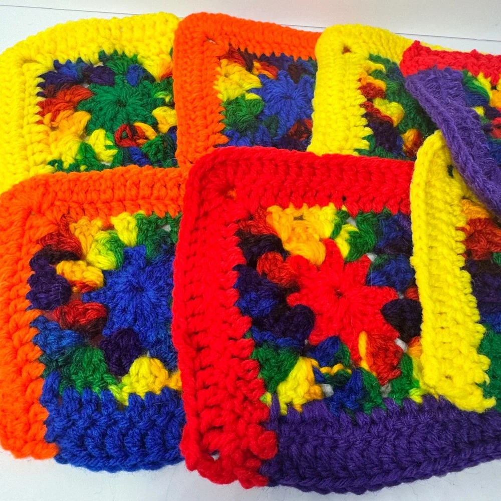Handmade Rainbow‎ Crochet Coaster Granny Squares Set of 6 Multicolor Boho Craft
